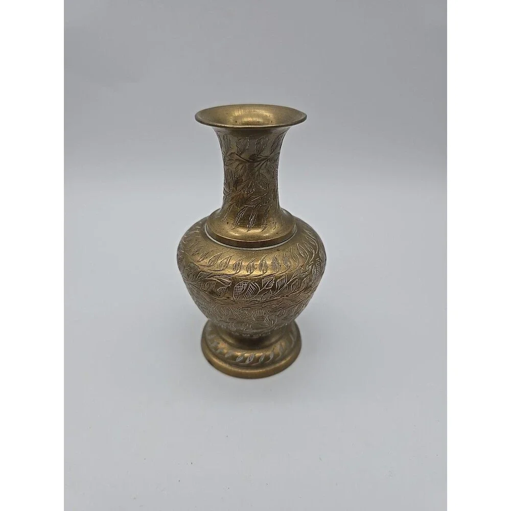 Vintage Brass Etched Engraved Vase Leaf Motif 5 in Tall India BOHO